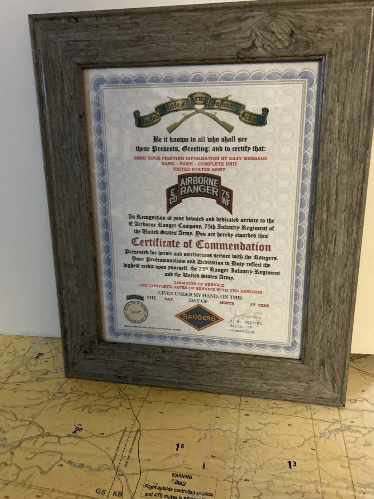 U.S. ARMY RANGER - E CO / 75 INFANTRY COMMENDATION CERTIFICATE (COMMEMORATIVE)