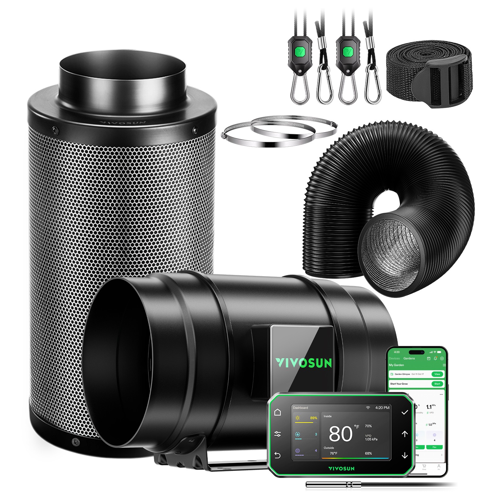 VIVOSUN G8 Smart Air Filtration Kit 8" Inline Fan Carbon Filter w/ E42A+ Growhub