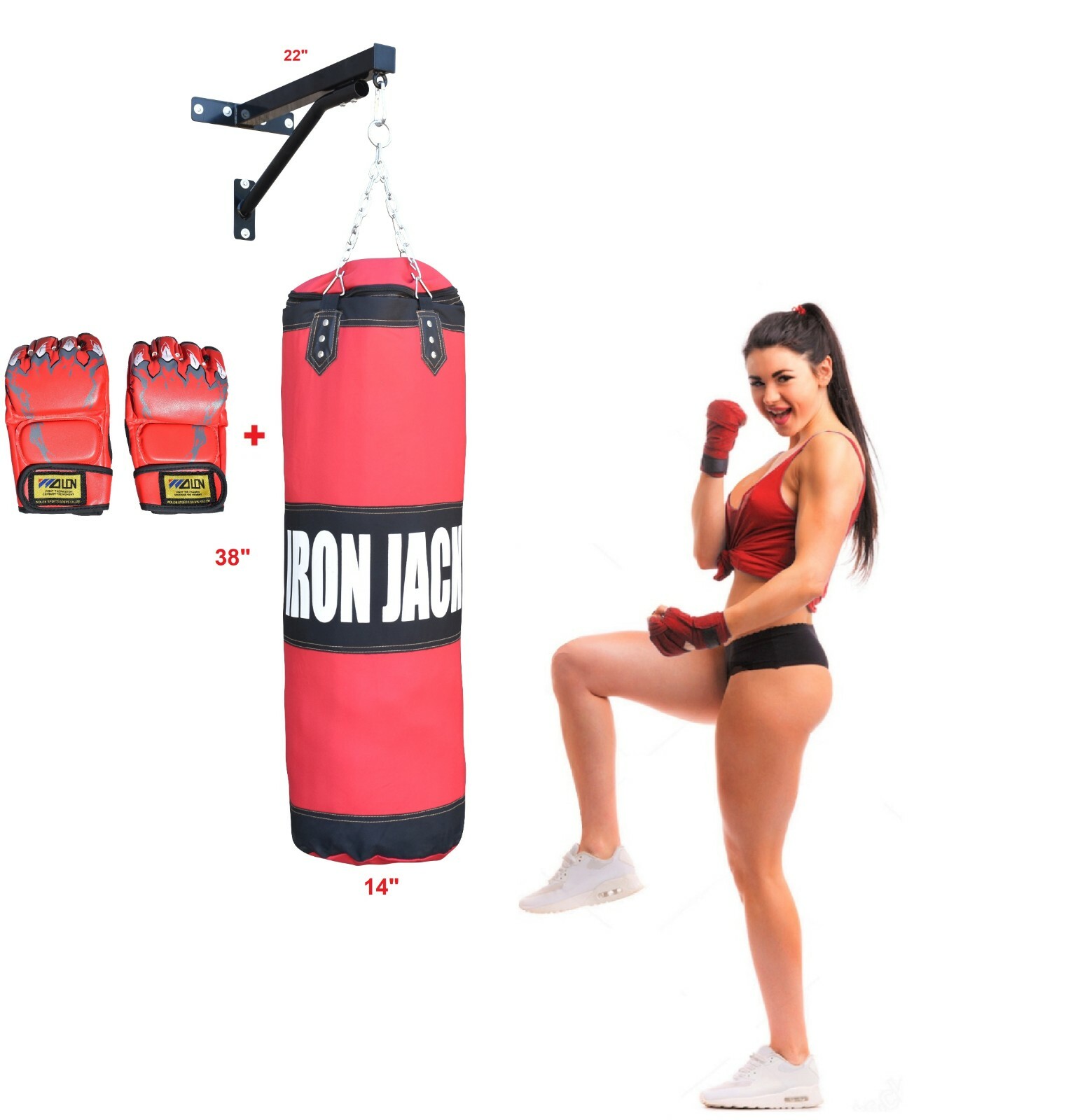 Heavy Boxing Bag Unfilled w Wall Mount Chains, MMA UFC Kick Boxing w Gloves SET