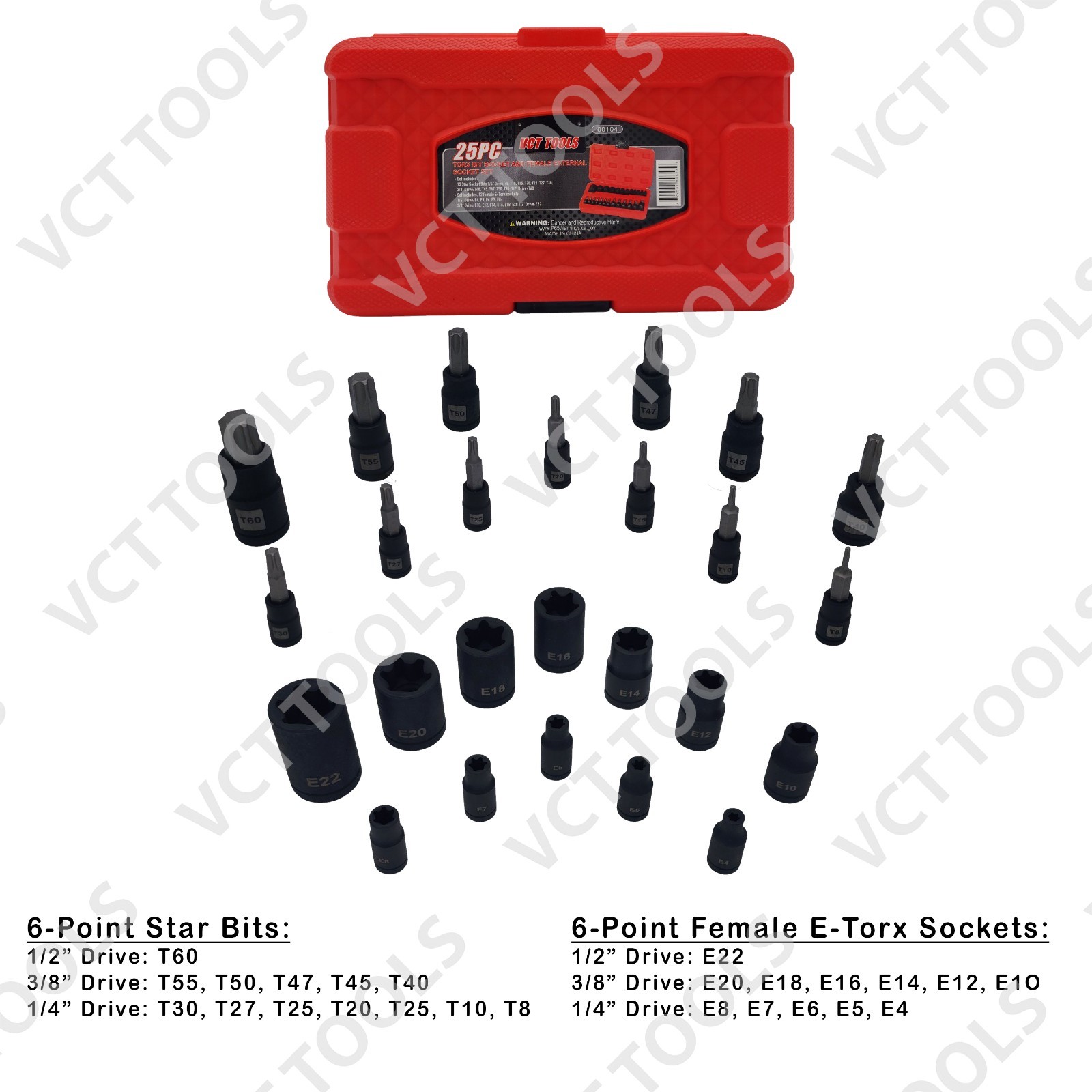 25pc Master Torx Socket and Impact E-Torx Socket Set, T8-T60 & E4-E22