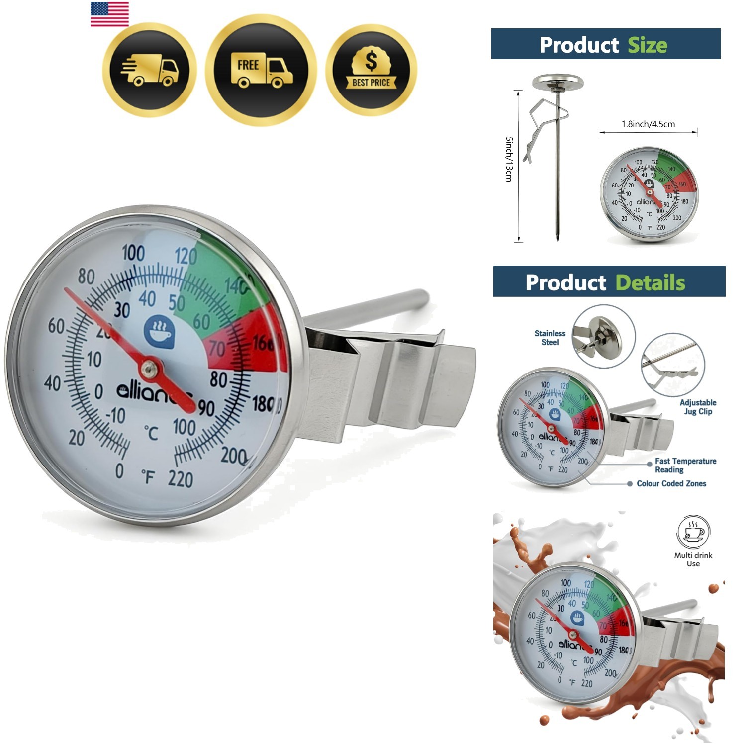 Milk Frothing Thermometer with Clip,White,One Size
