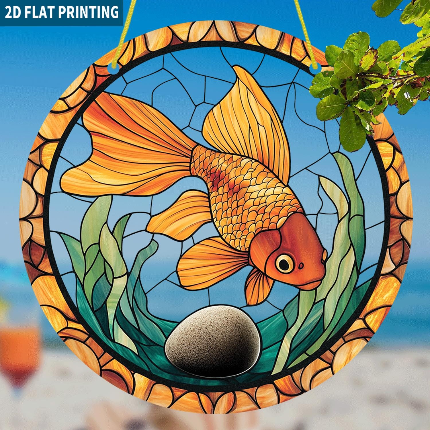 Vibrant Goldfish Green Aquatic Plants Stone Acrylic Suncatcher Window Decoration