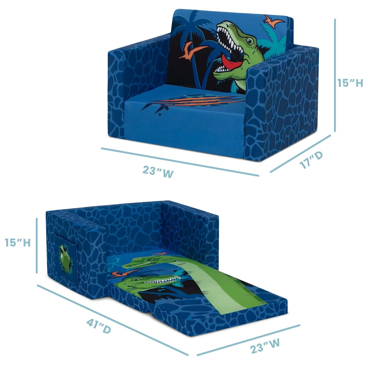 Dinosaur Blue Flip Out Chair To Lounger Couch Sofa For Kids Boys Toddlers 1-3