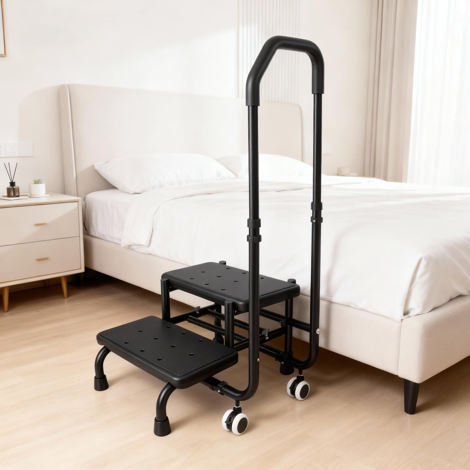 2 Step Stool with Handrail & 2 Casters for Elderly, Bed Steps for High Beds f...