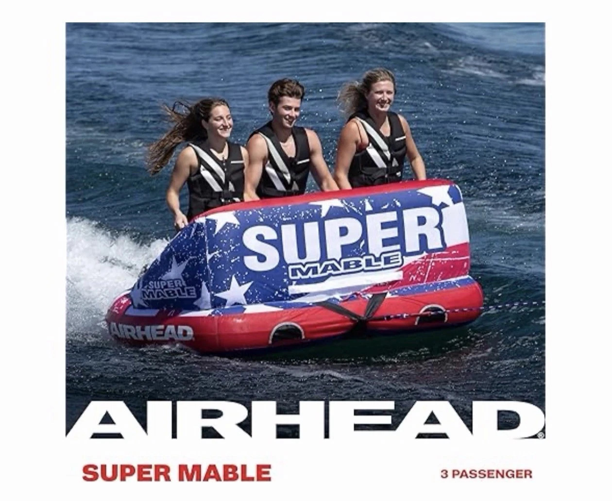 Airhead Super Mable 3 Person Towable Tube Inflatable Boat Dual Tow USA Stripes