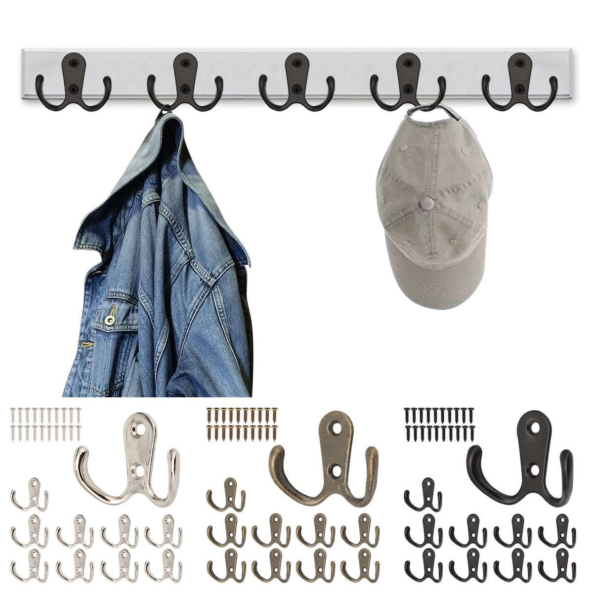 10/20pcs Heavy Duty Double Prong Coat Hooks Wall Mounted Retro Robe Hat Clothes