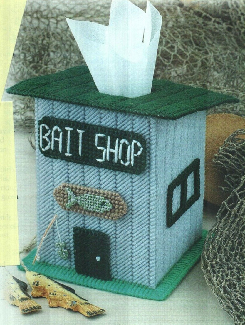 BAIT SHOP FISHING TISSUE COVER HOME DECOR PLASTIC CANVAS PATTERN INSTRUCTIONS