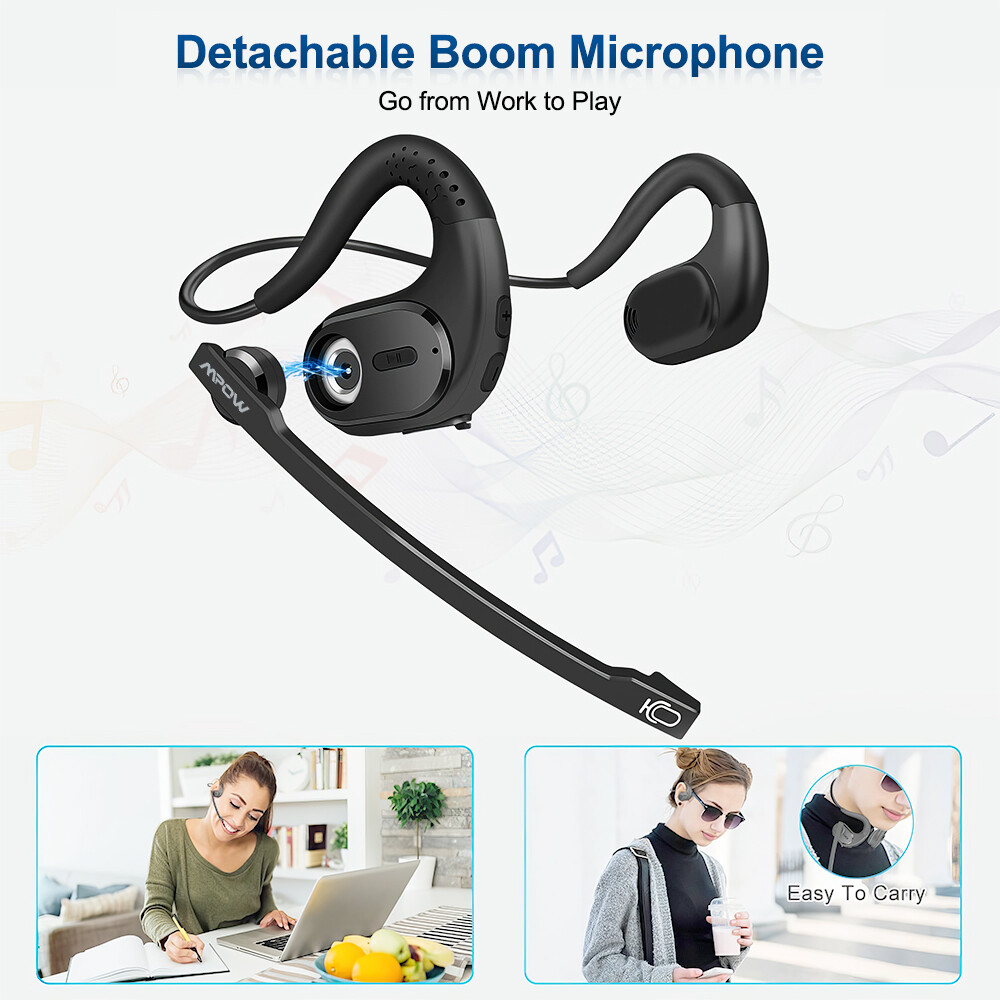 MPOW Bluetooth Headset with Removable Microphone for Office Meeting Running