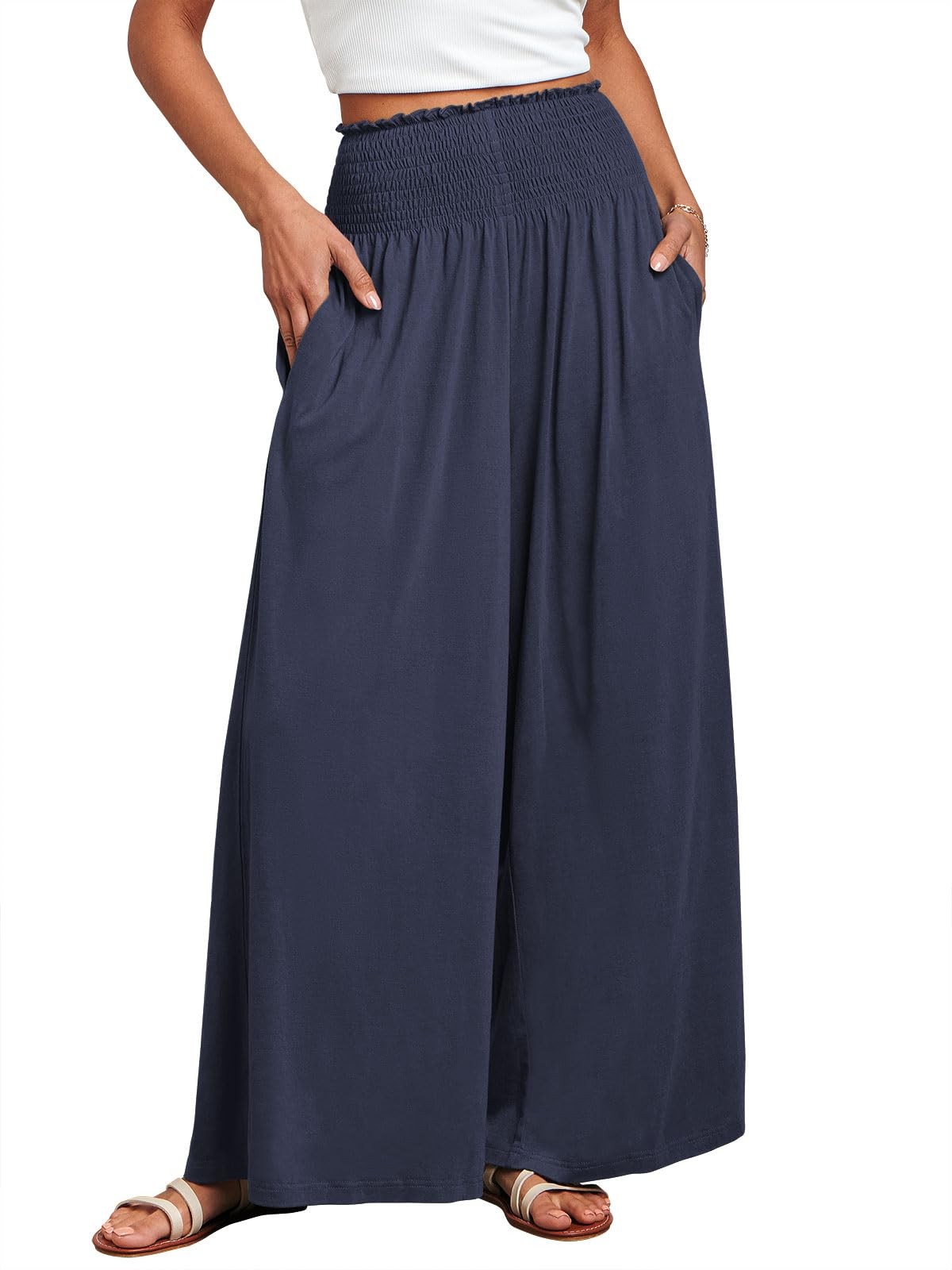 Women Palazzo Pants Summer Boho Bagyy Wide Leg High Smocked Waist Casual Loos...
