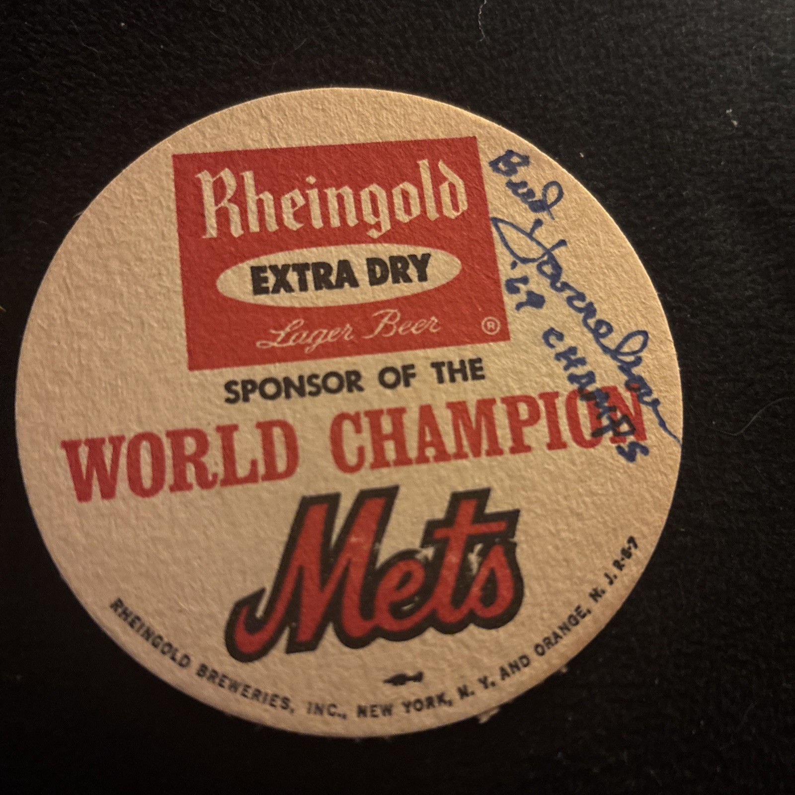 Bud Harrelson Signed Vintage World Champion Mets Rheingold Beer Coaster Original