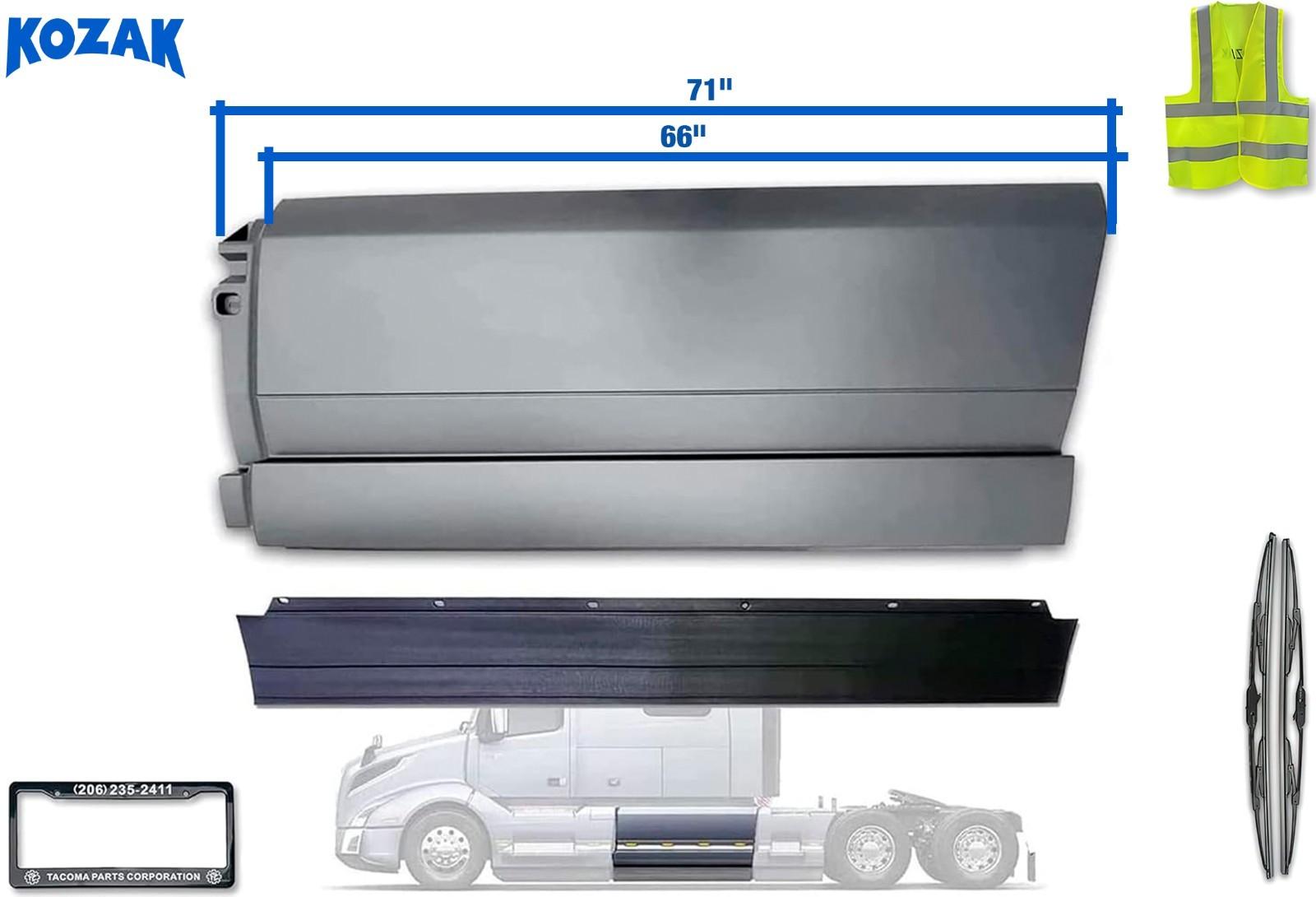 Side Middle Fairing Panel 71" Left Rubber Stripe Compatible with Volvo VNL 2018+