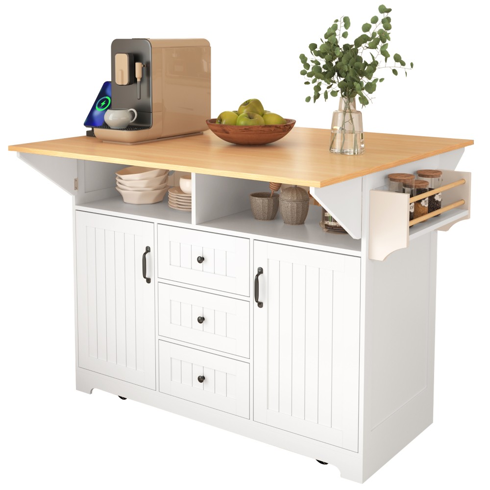 Large Kitchen Island with 2 Drop Leaf Rolling Kitchen Cart Storage Dining Table