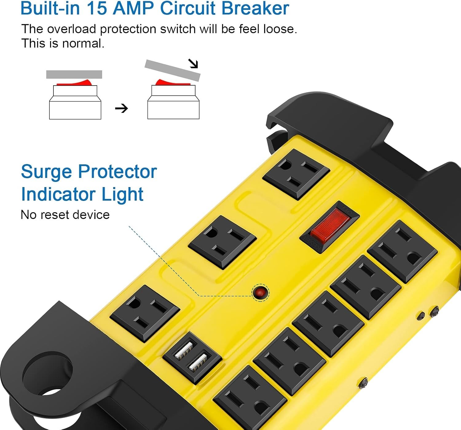 Heavy Duty 12FT Power Strip with 8 Outlets & USB, Ideal Workshop Surge Protector
