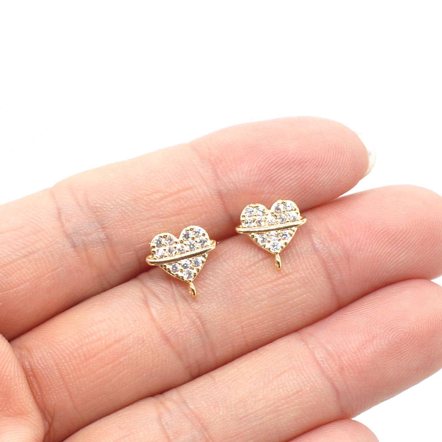 2Pairs 18K Gold Plated Stud Earrings Connector, Cubic Zirconia Pave Heart GZR536