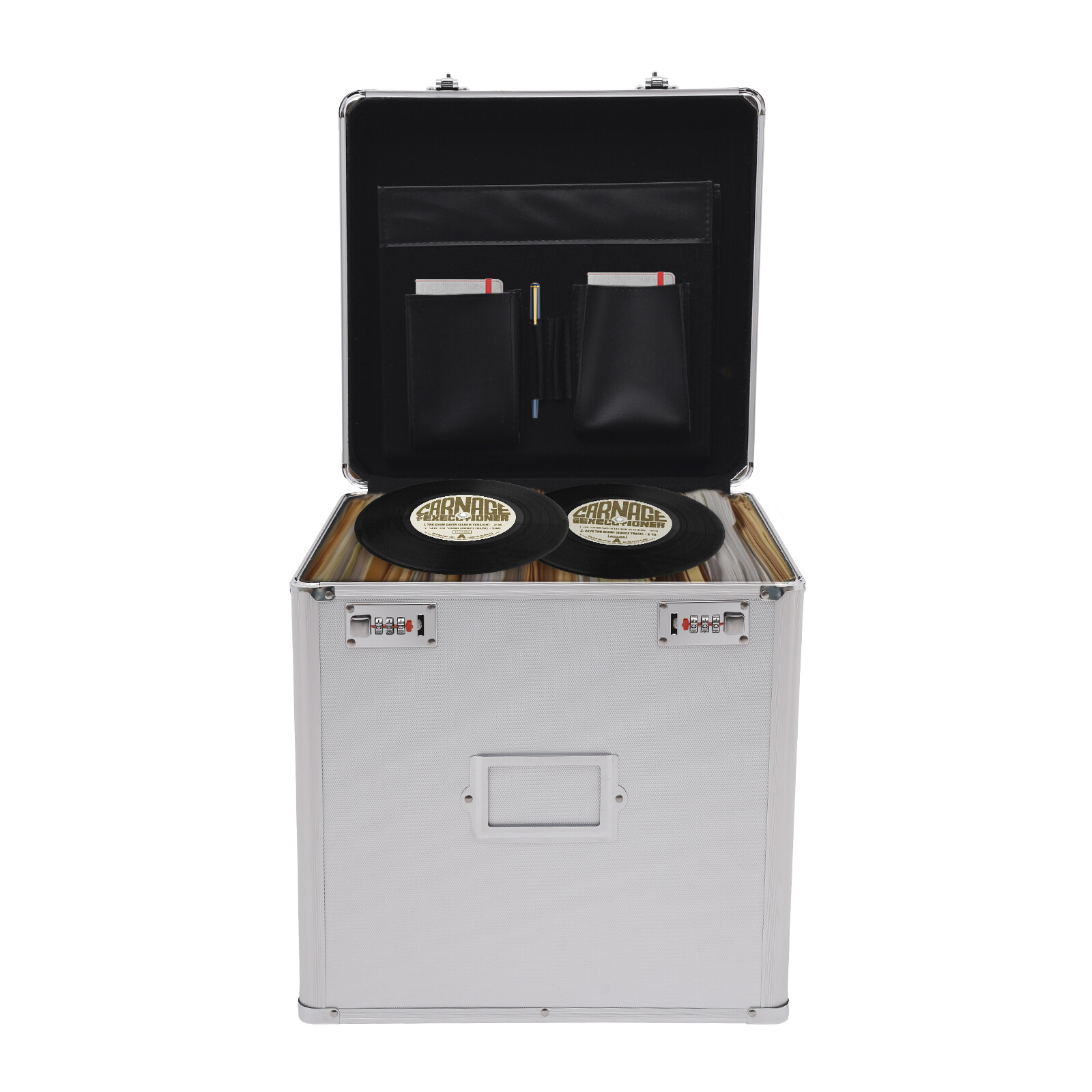 Vinyl Record Storage Box with Combination Lock for 50 Records, Silver