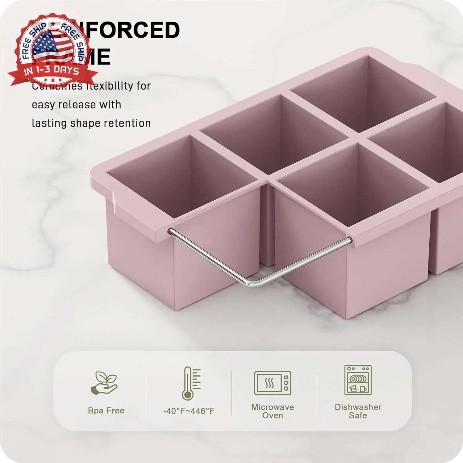 Large Square Ice Cube Molds Silicone Stackable Lid 6 Cavities 3 Packs for Drinks