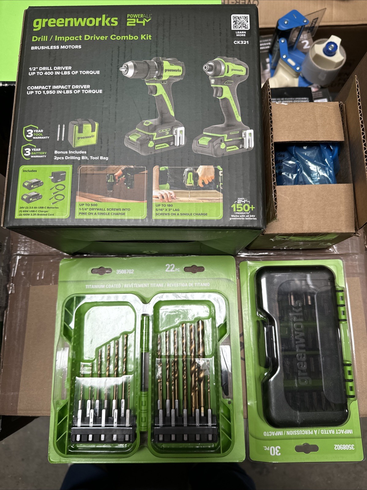 Greenworks 24V Drill & Impact Driver Combo Kit 3 Batteries (1x 4Ah) New