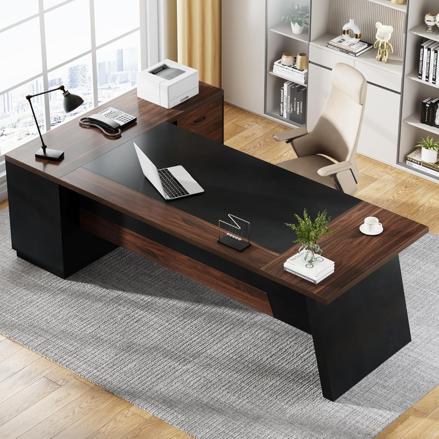 78" L-Shaped Executive Desk Large Office Computer Desk with Lateral File Cabinet