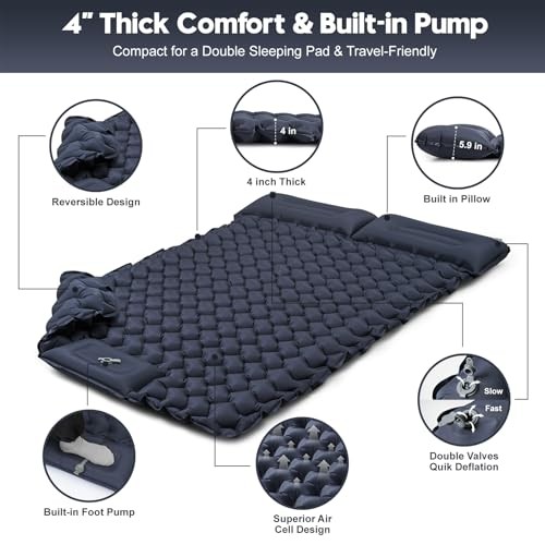 Double Sleeping Pad for Camping – 4” Thick Inflatable Midnight Blue Double
