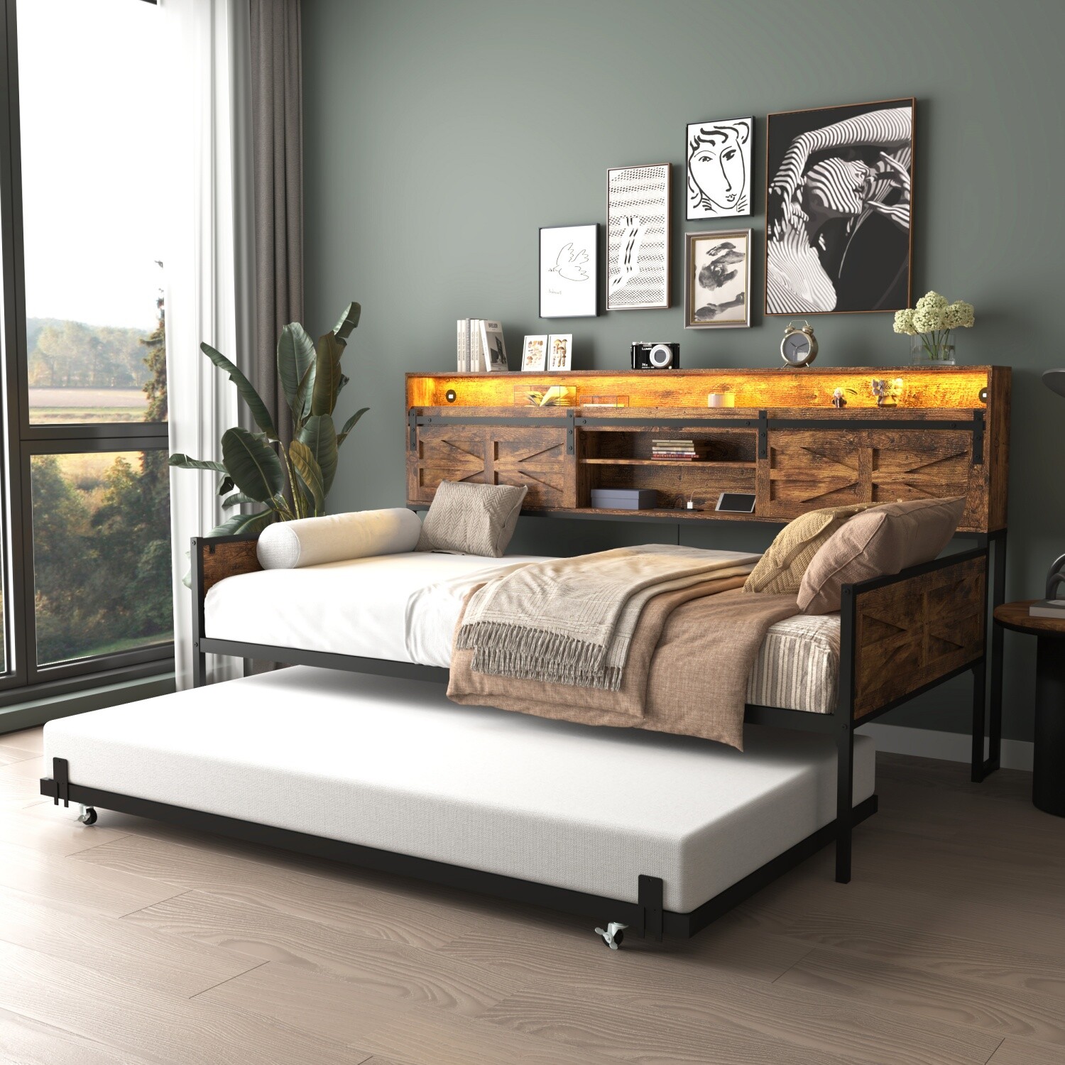 Twin Size Daybed Metal Bed Frame Sofa Bed w/ Trundle Bed & LED Light & USB Port