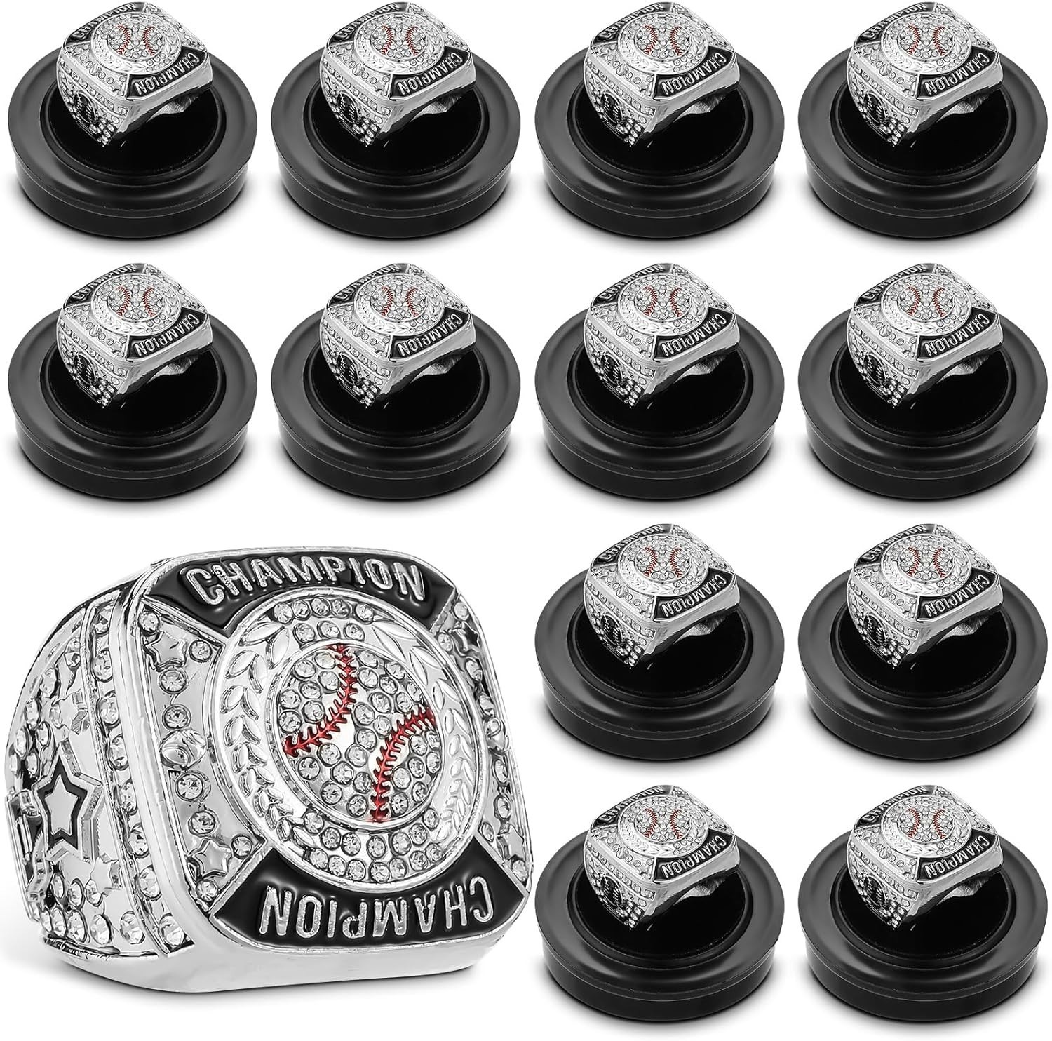 12 Baseball Championship Rings with Display Chain & Stand - Award Gift Set
