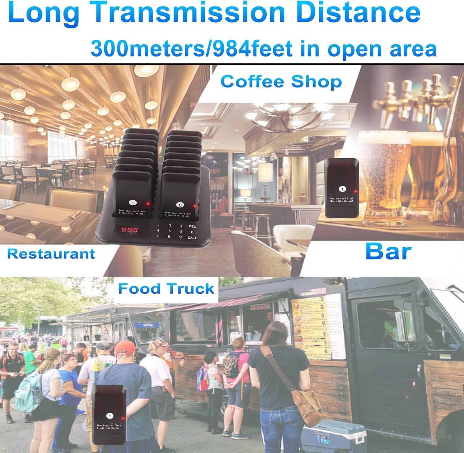 Restaurant Wireless Paging System with Long Range 984 Feet & Rechargeable Pagers