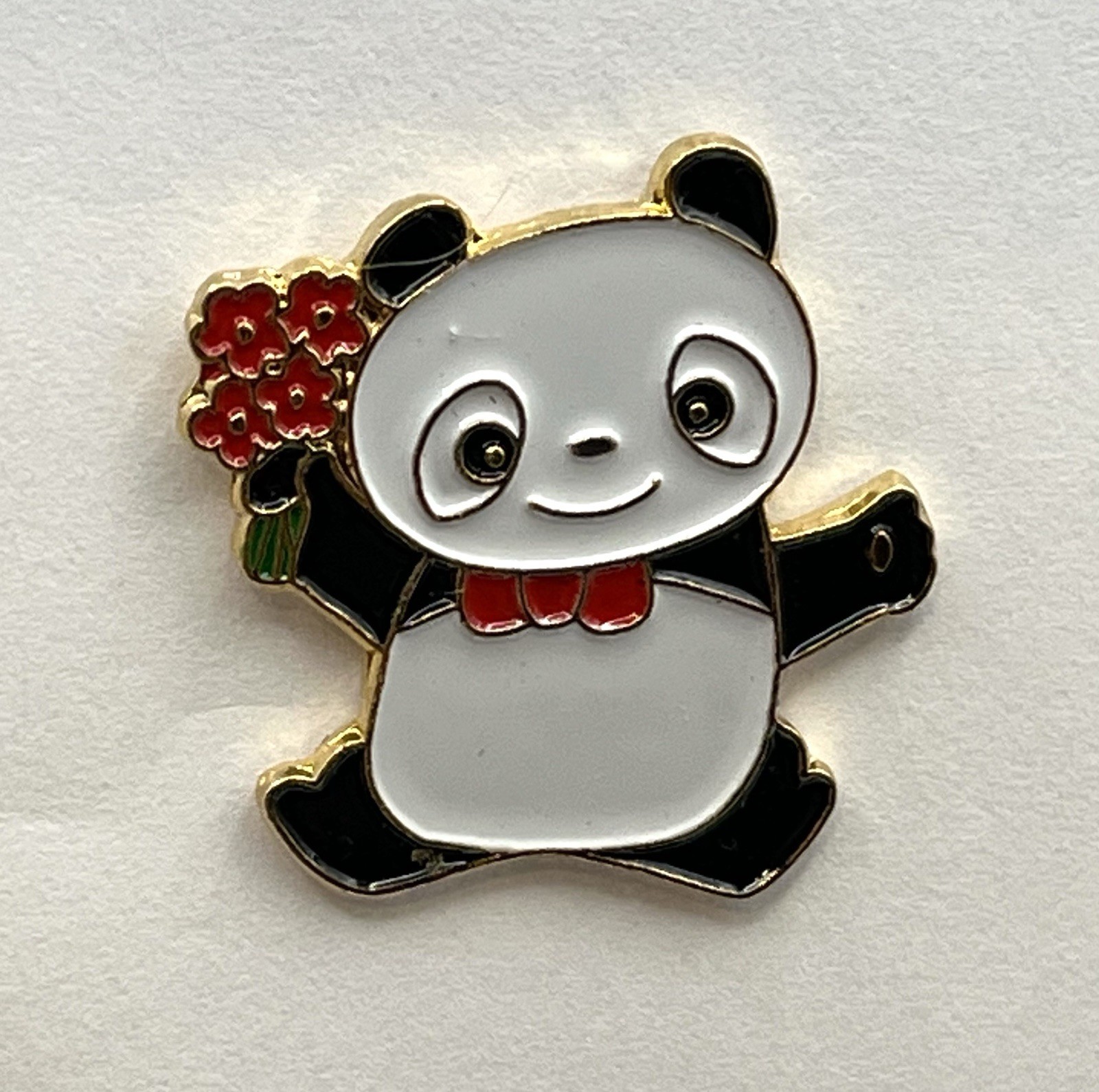 1980's Vintage Panda Bear Lapel Pin ~ Holding red flowers