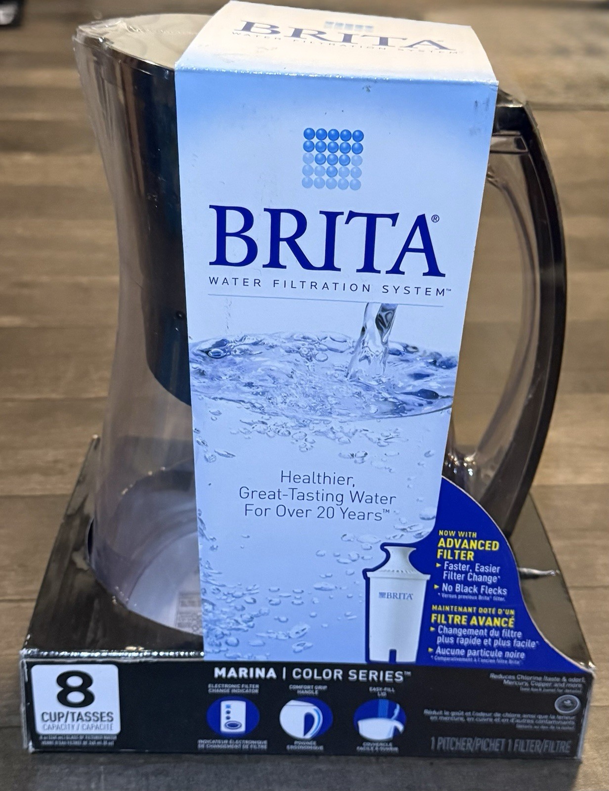 Brita Marina 8 Cup Black Water Filter Pitcher w/ 1 Filter, Carbon, OB47