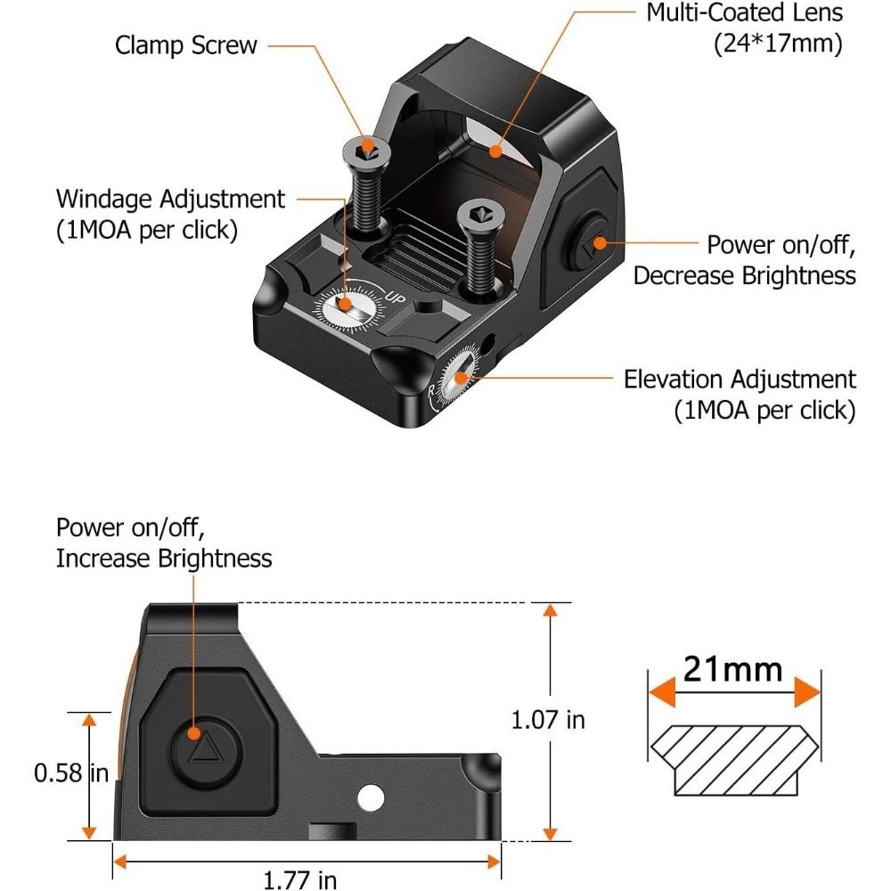 Compact Red Dot Sight Motion Awake 2 MOA Optic for RMR MOS Picatinny Pistol