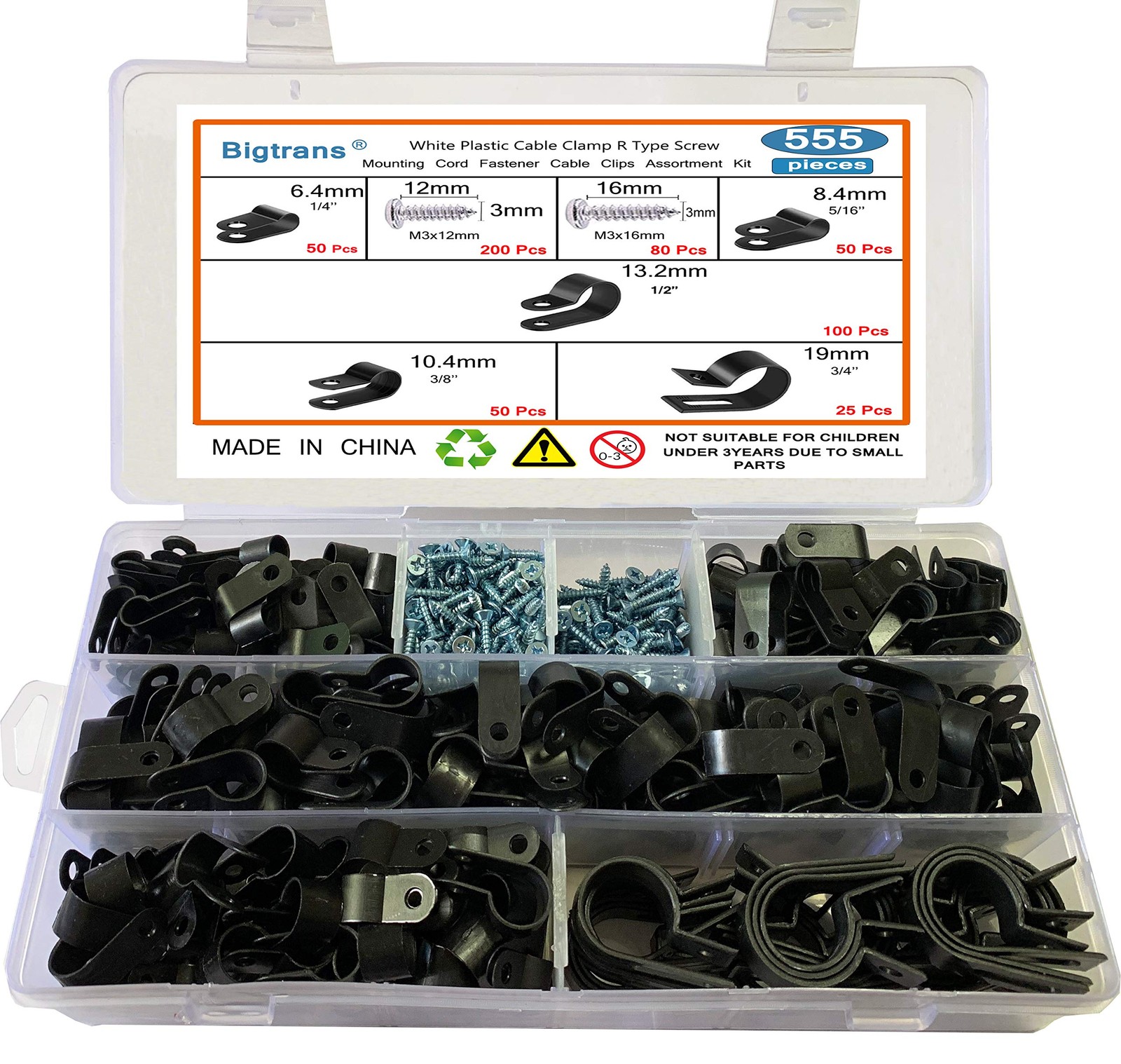 555 PCS Black Nylon Plastic RType Wire Clips With Screws Fastener Assortment