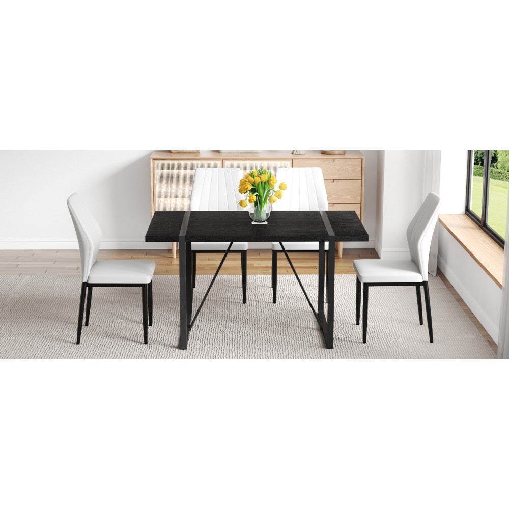Black Wood Grain Rectangular Dining Table Set w/ 4 PU Chairs Modern
