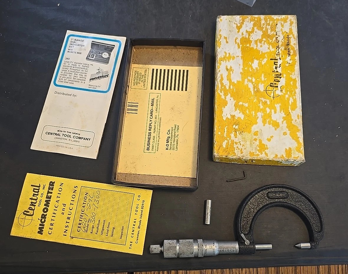 Vintage Central Tool Company #6201-29L Micrometer w Original Box & Instructions