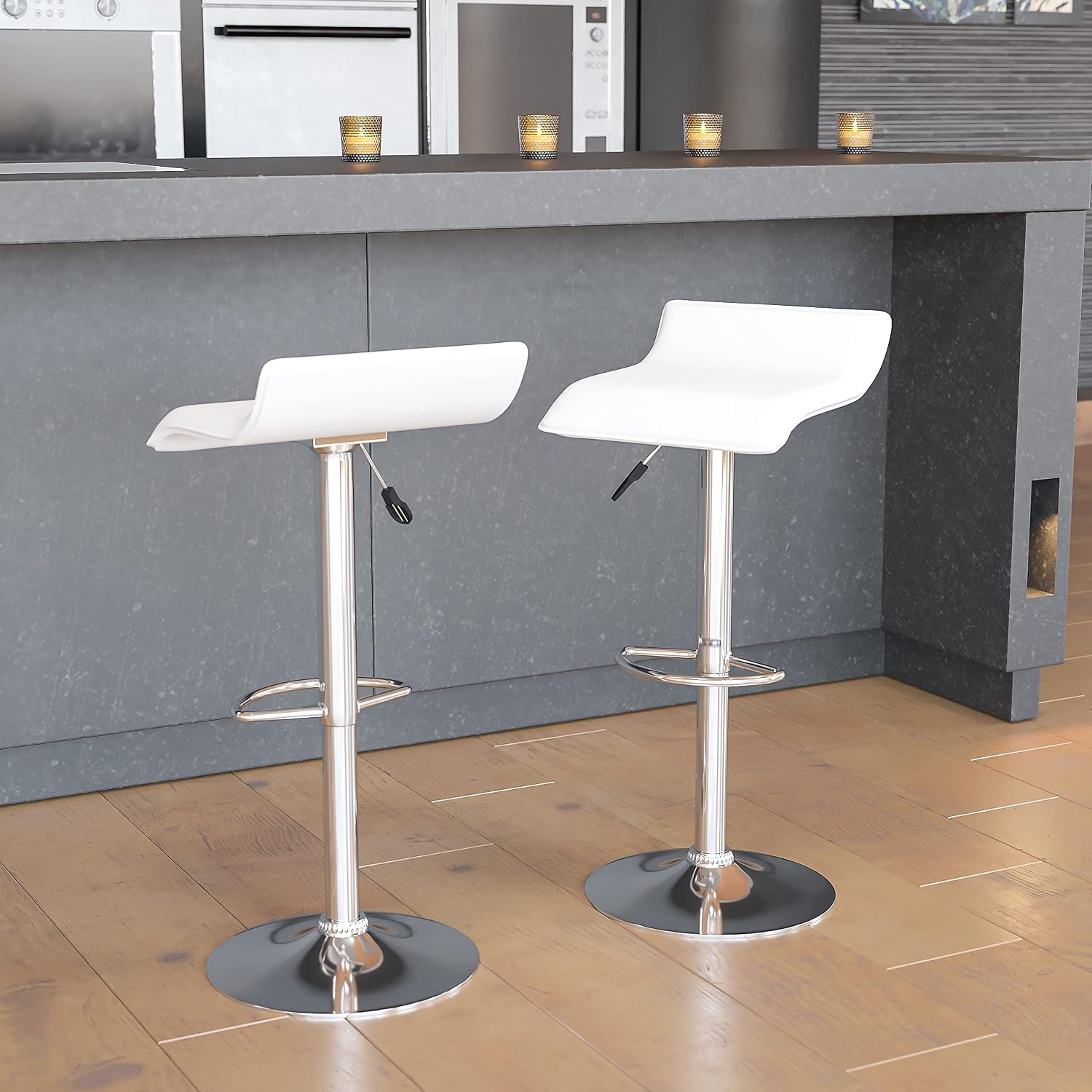Vinyl Adjustable Barstool, White, 2-Pack | Solid Wave Seat, Adjustable Height, C