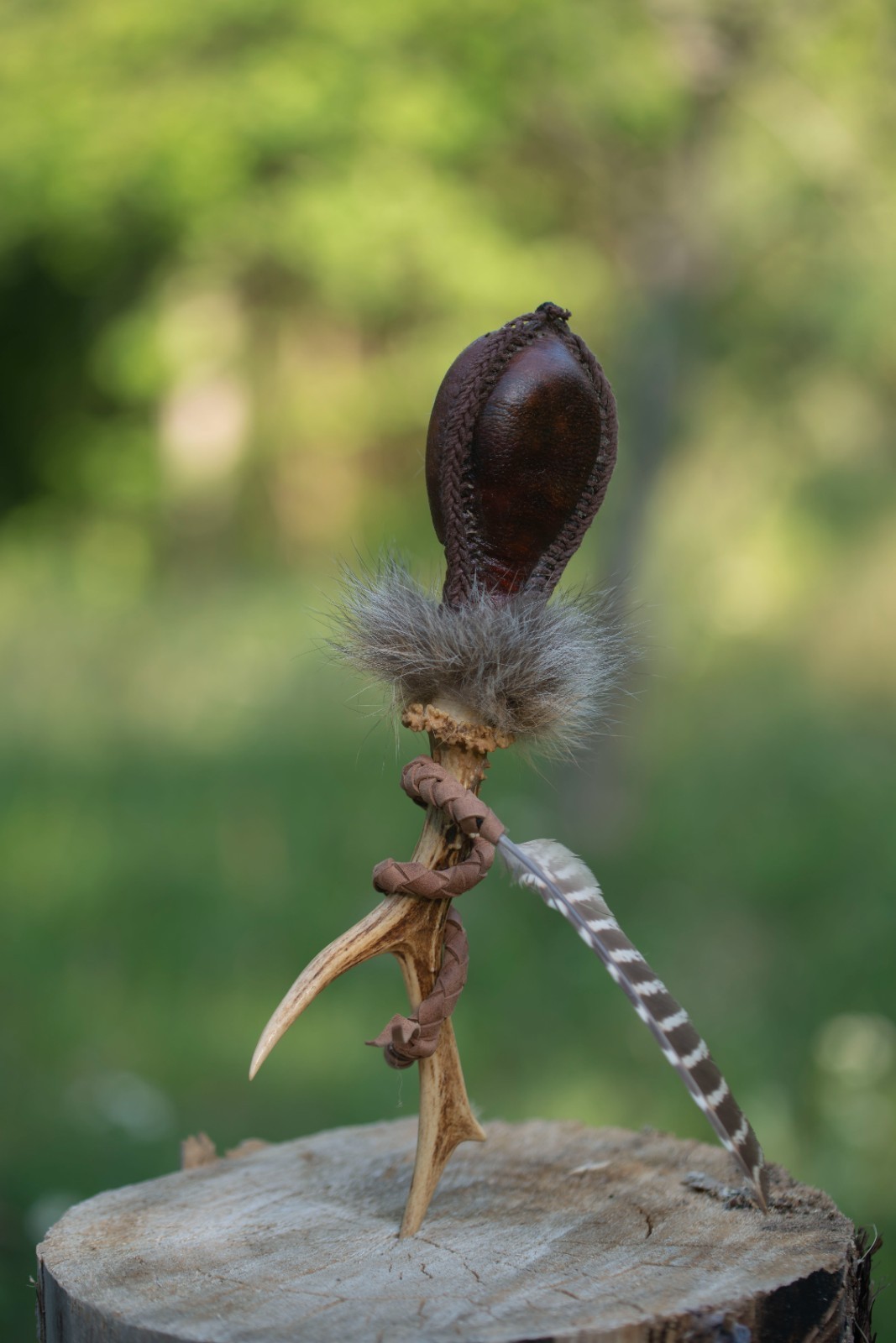 Handmade Goat Hide Shamanic Rattle – Antler Handle Ritual Rattle