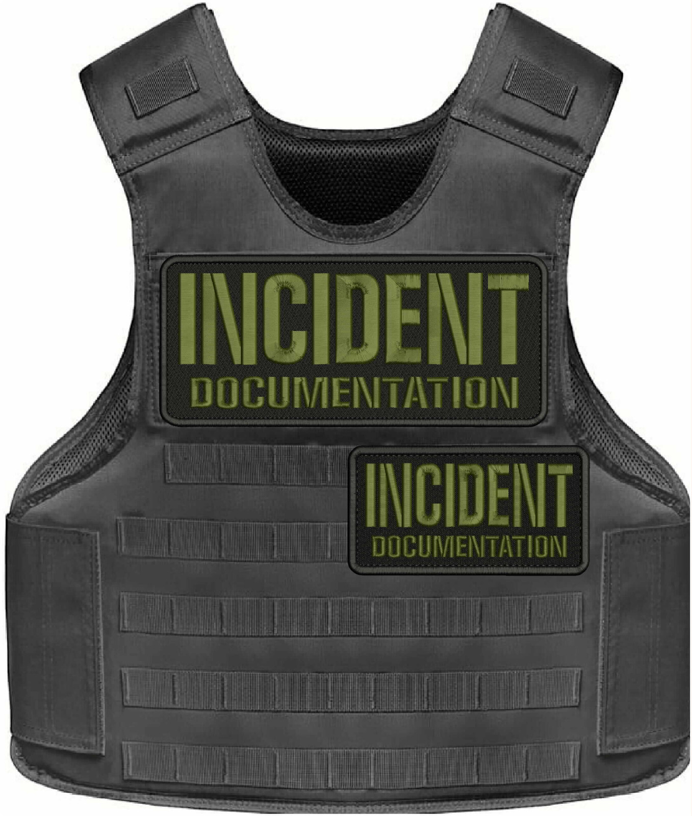 INCIDENT DOCUMENTATION 2 EMB PATCHES 4X10 AND 3X6 HOOK ON BACK OD GREEN ON BLACK