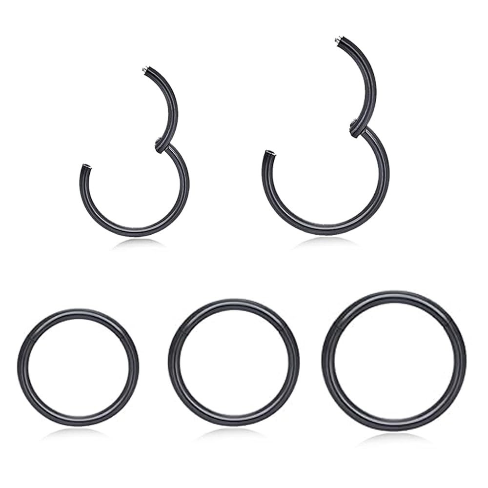 SEEDRILL 5pcs Hypoallergenic Nose Rings Hoops 16G - 5Pcs (6mm - 10mm), Black