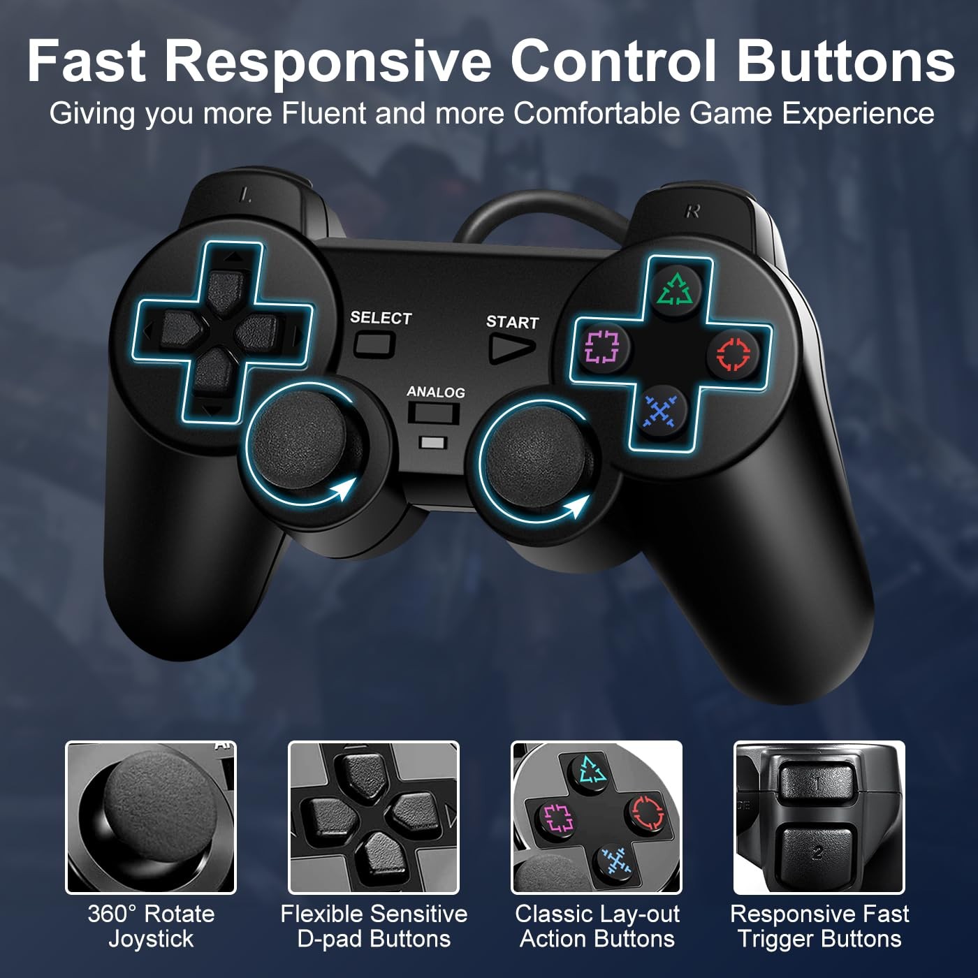Wired PS2 Controller 2 Pack for PS2, PS2 Slim, PS1 with Dual Vibration Feature