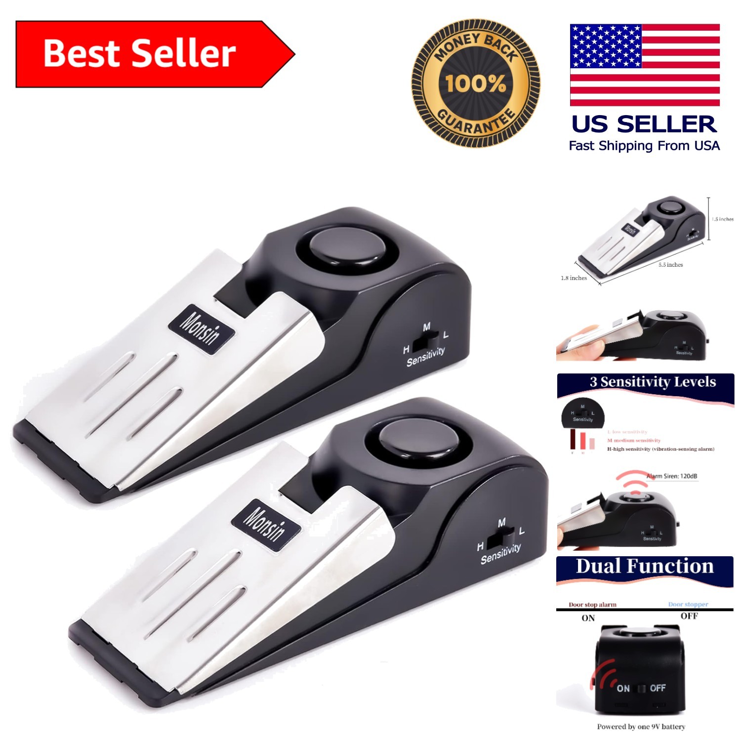 Pack of 2 Door Stop Alarm with 120DB Security - Dual Function, Travel Friendly