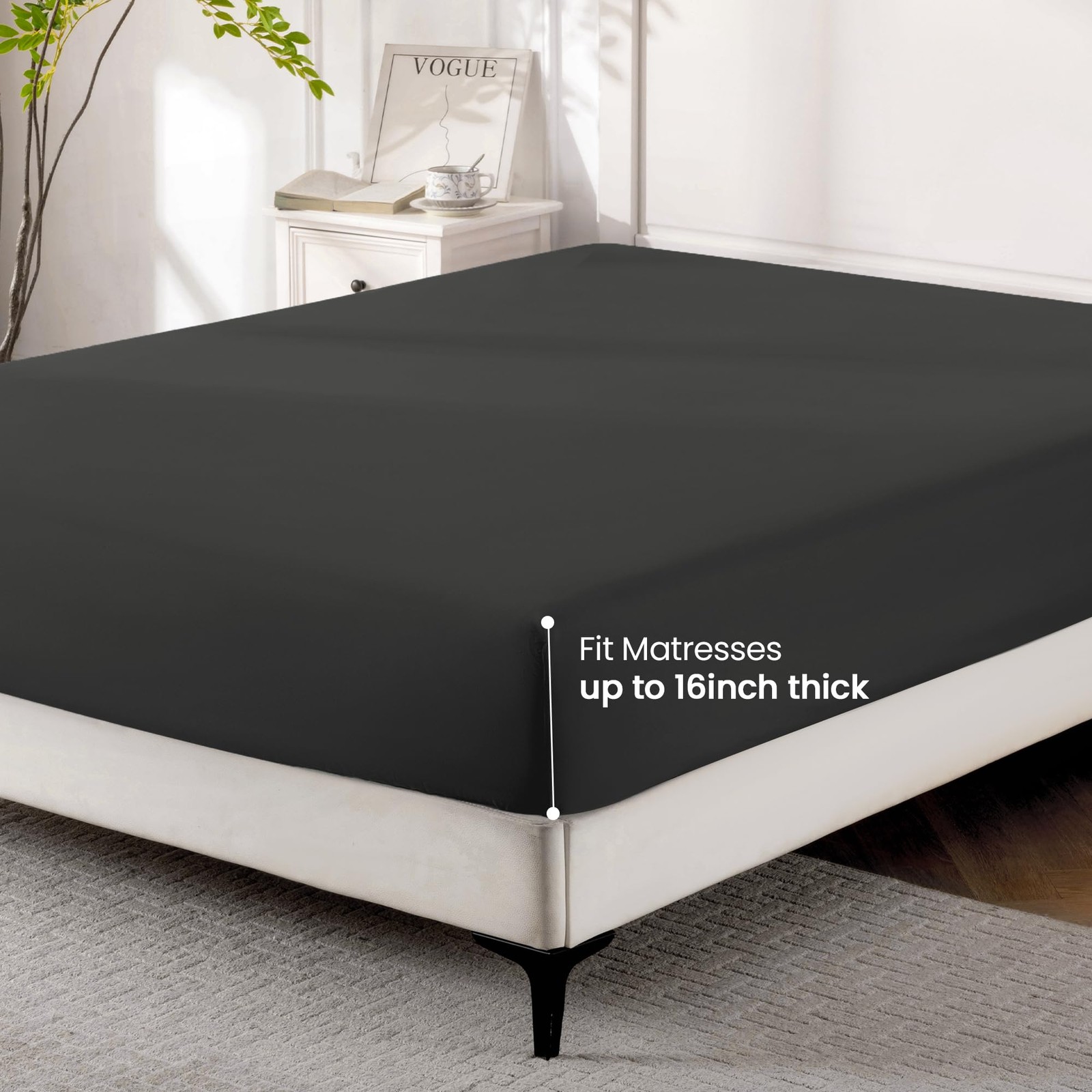 Black Twin Fitted Sheet 1 PC Soft Breathable Cooling 16 Inch Deep Pocket Bed