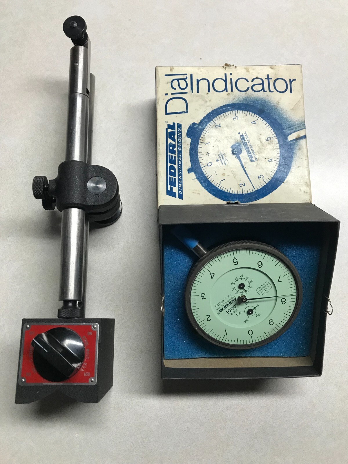 Starrett 659 Magnetic Base in Case with Federal E21Q .0001 dial indicator