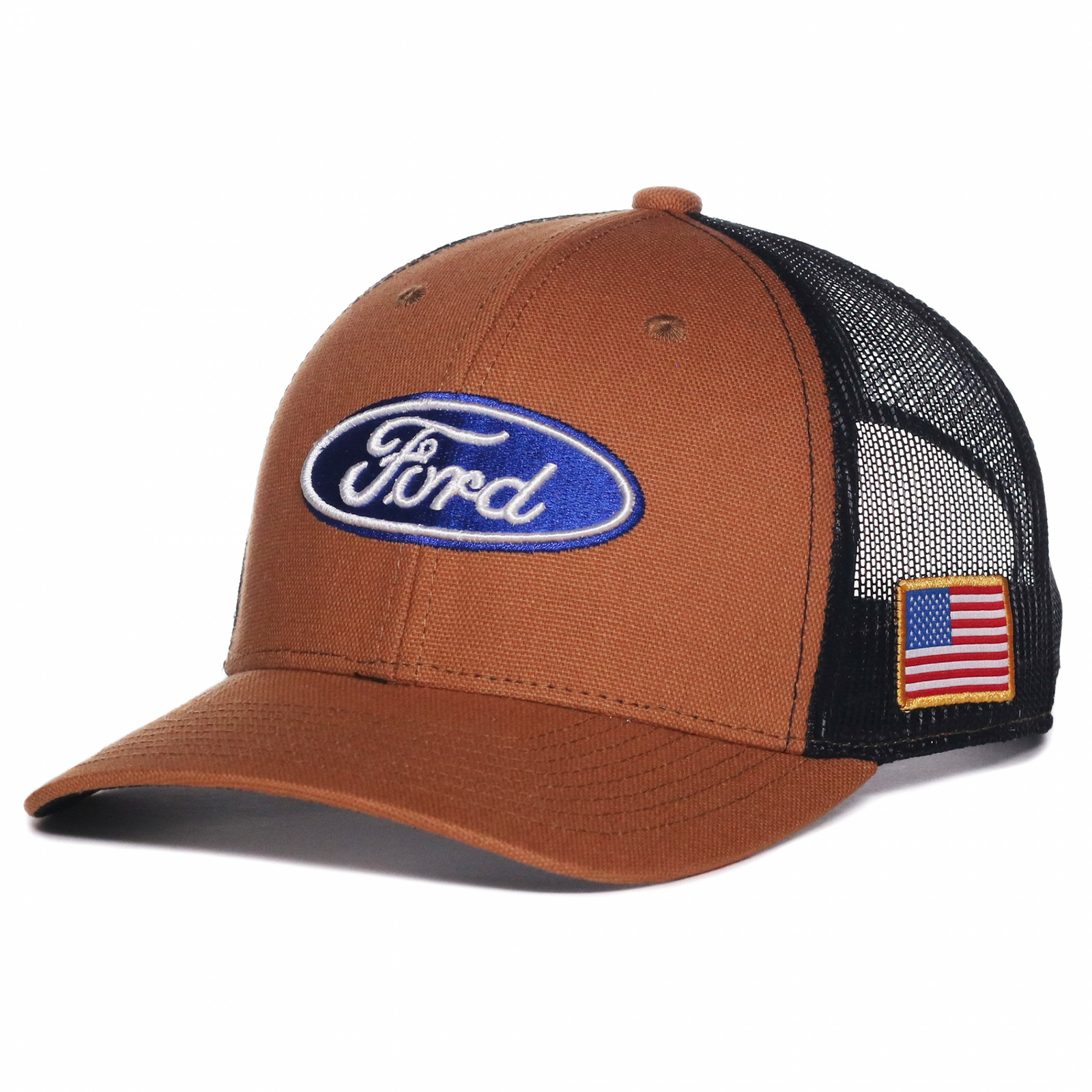 Ford Logo Raised Stitched Patch Pre-Curved Adjustable Trucker Hat Brown