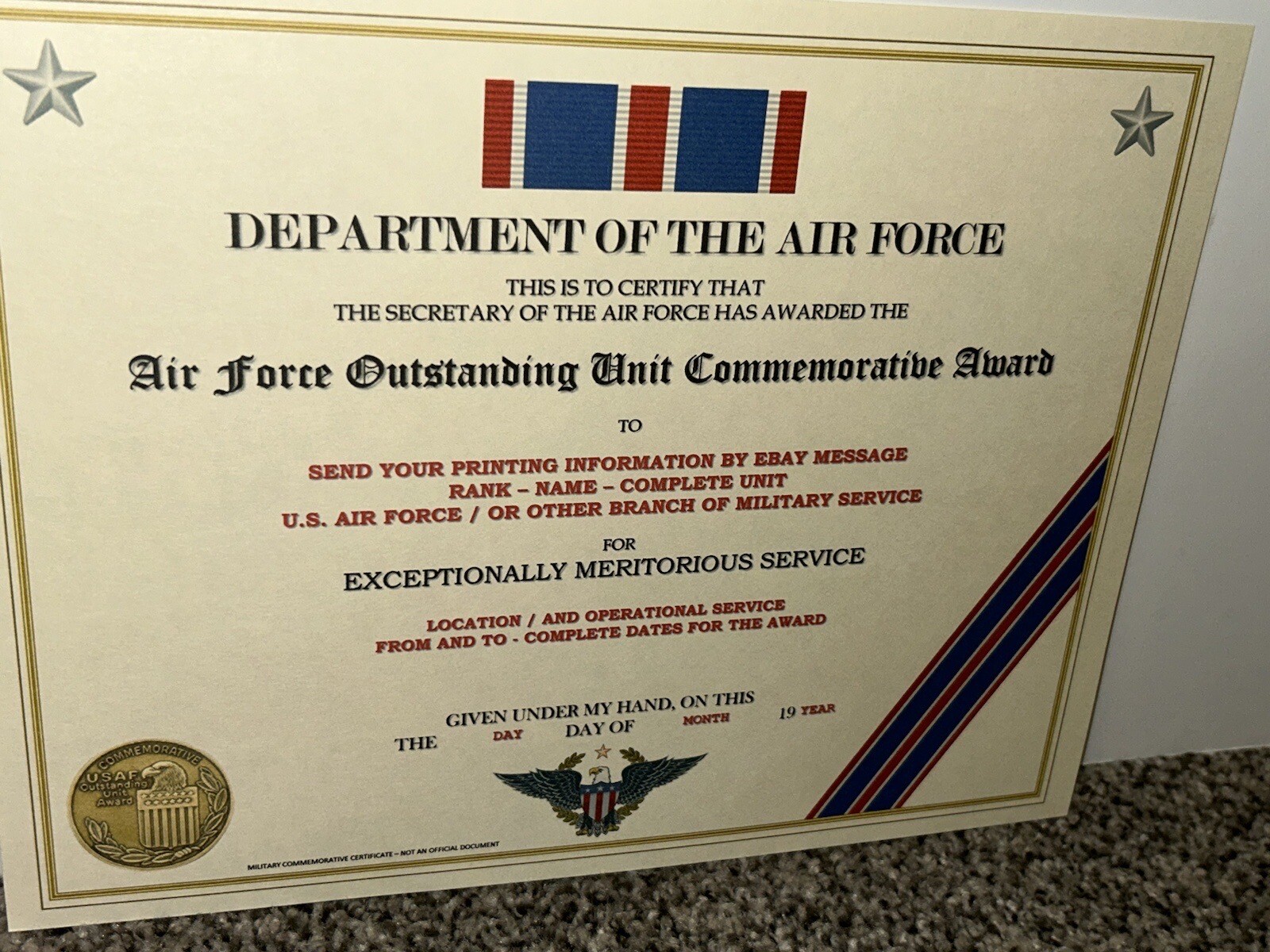 AIR FORCE OUTSTANDING UNIT COMMEMORATIVE AWARD CERTIFICATE~W/PRINTING T-1