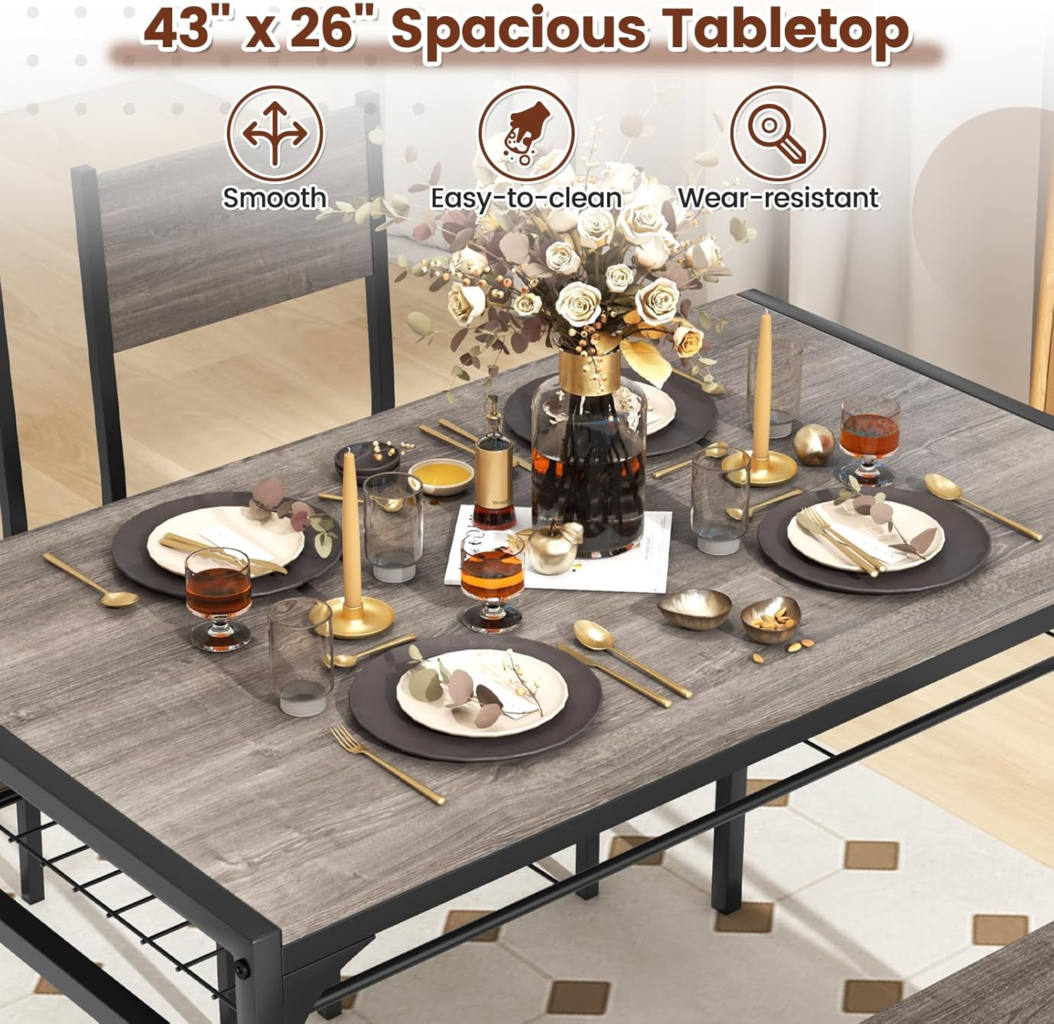 Compact 4-Piece Dining Set with Bench & Storage - Industrial Style (Black & Grey