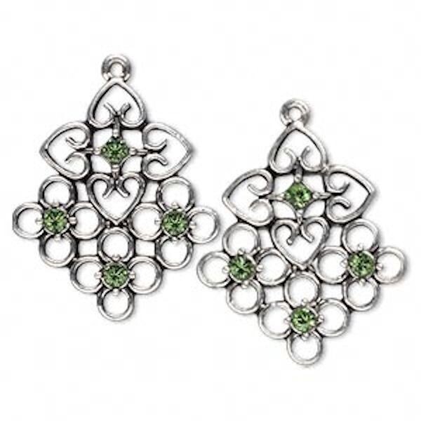 2 Antiqued Silver Pewter 29x25mm Square Made with Swarovski Peridot Crystals *