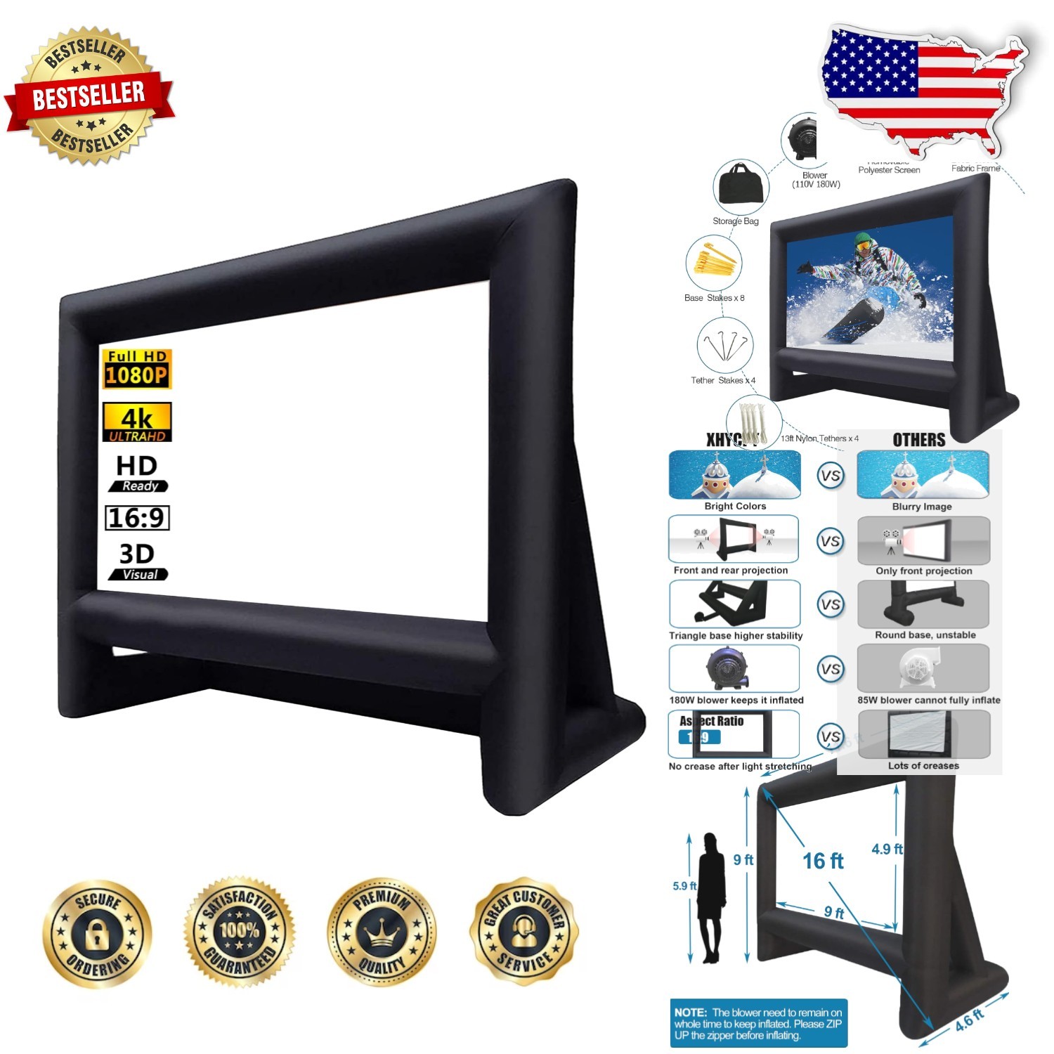 Huge 16ft Blow Up Movie Screen: Front/Rear Projection, Fast Inflation, Portable