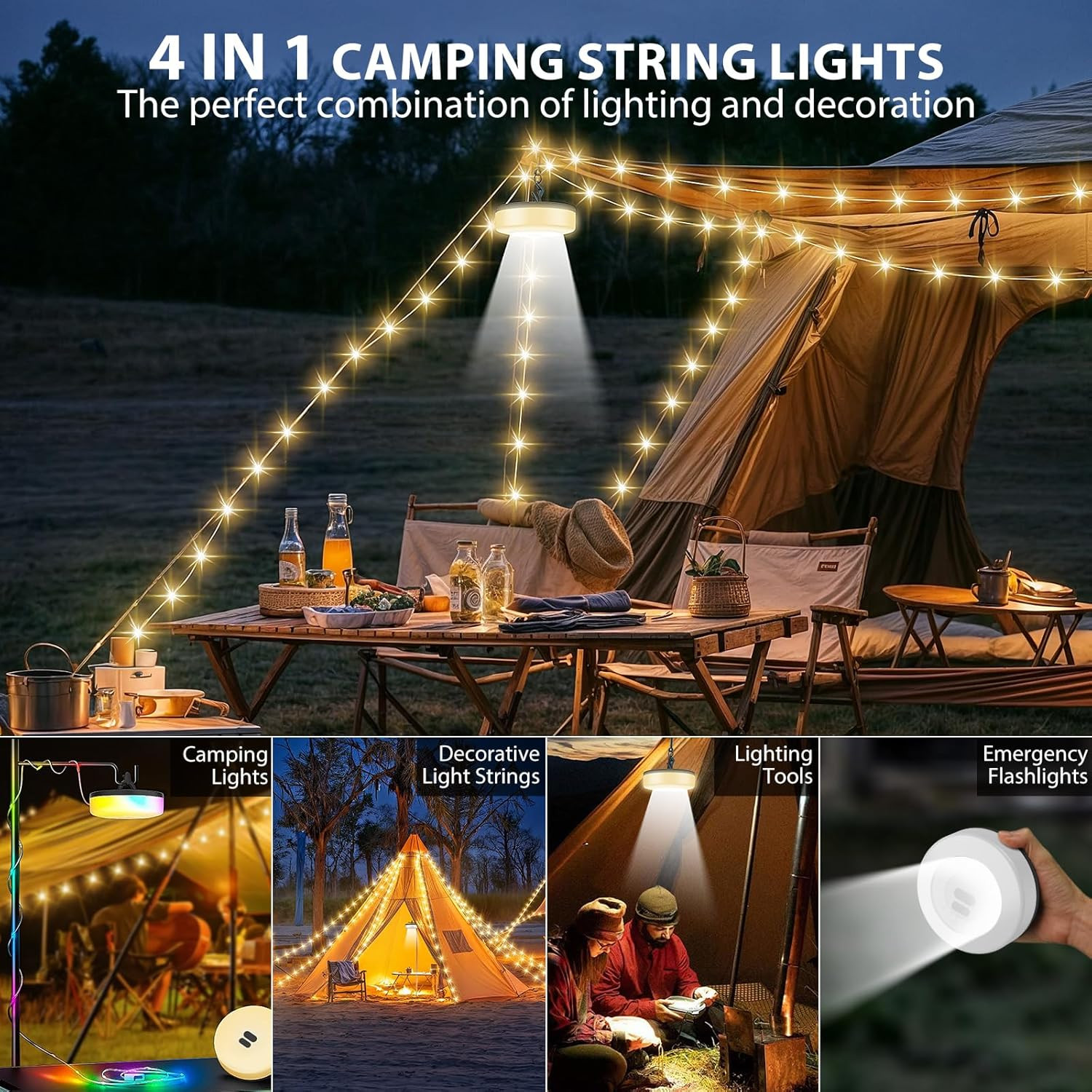Camping String Lights, 4 in 1 Quick Storage 32.8FT Rechargeable Tent Lights with