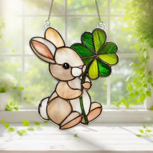 Lucky Bunny Acrylic Suncatcher with Four Leaf Clover, Easter Day Gift, Gift For
