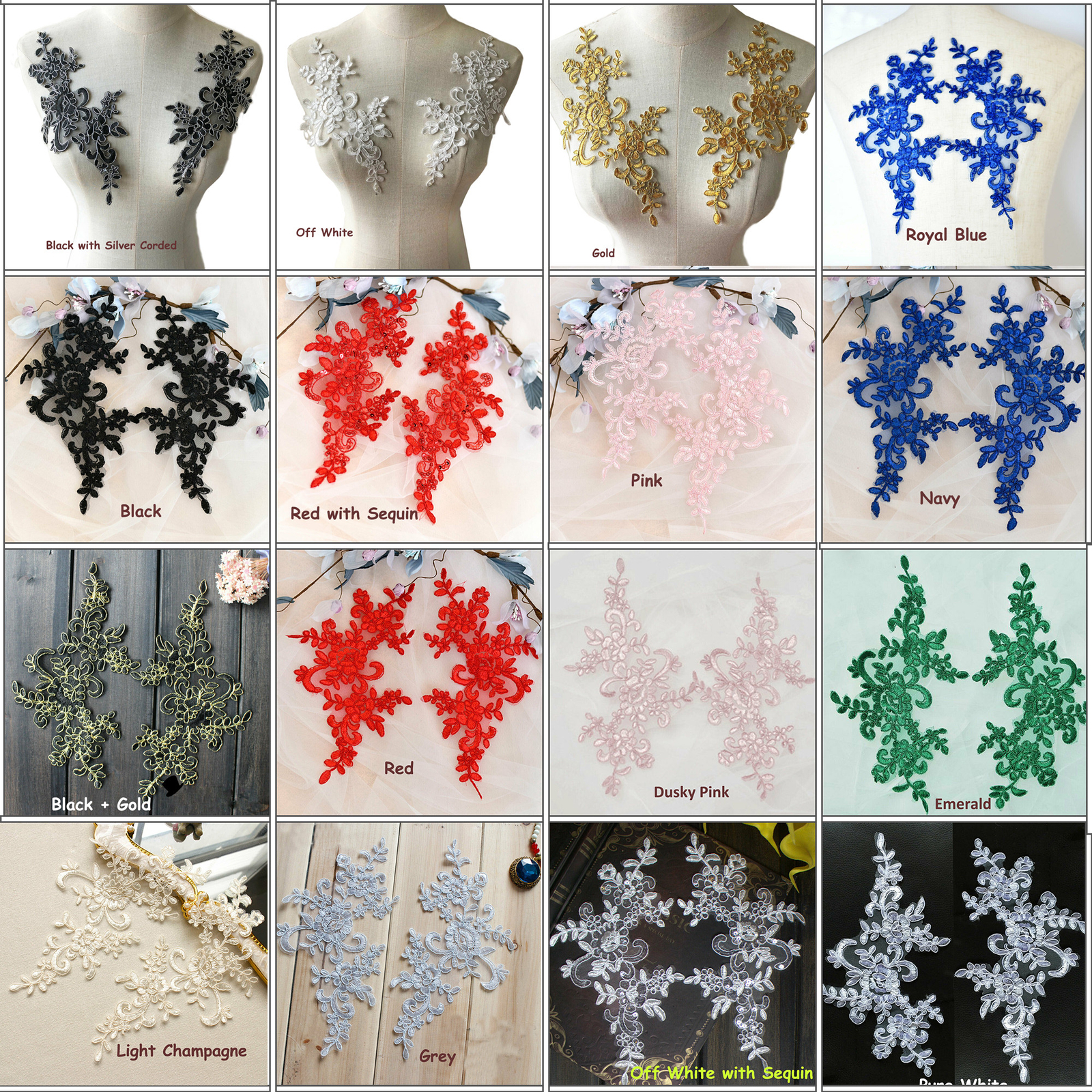 Bridal Evening Dress Lace Applique Floral Corded Wedding Costume DIY Motif 1Pair