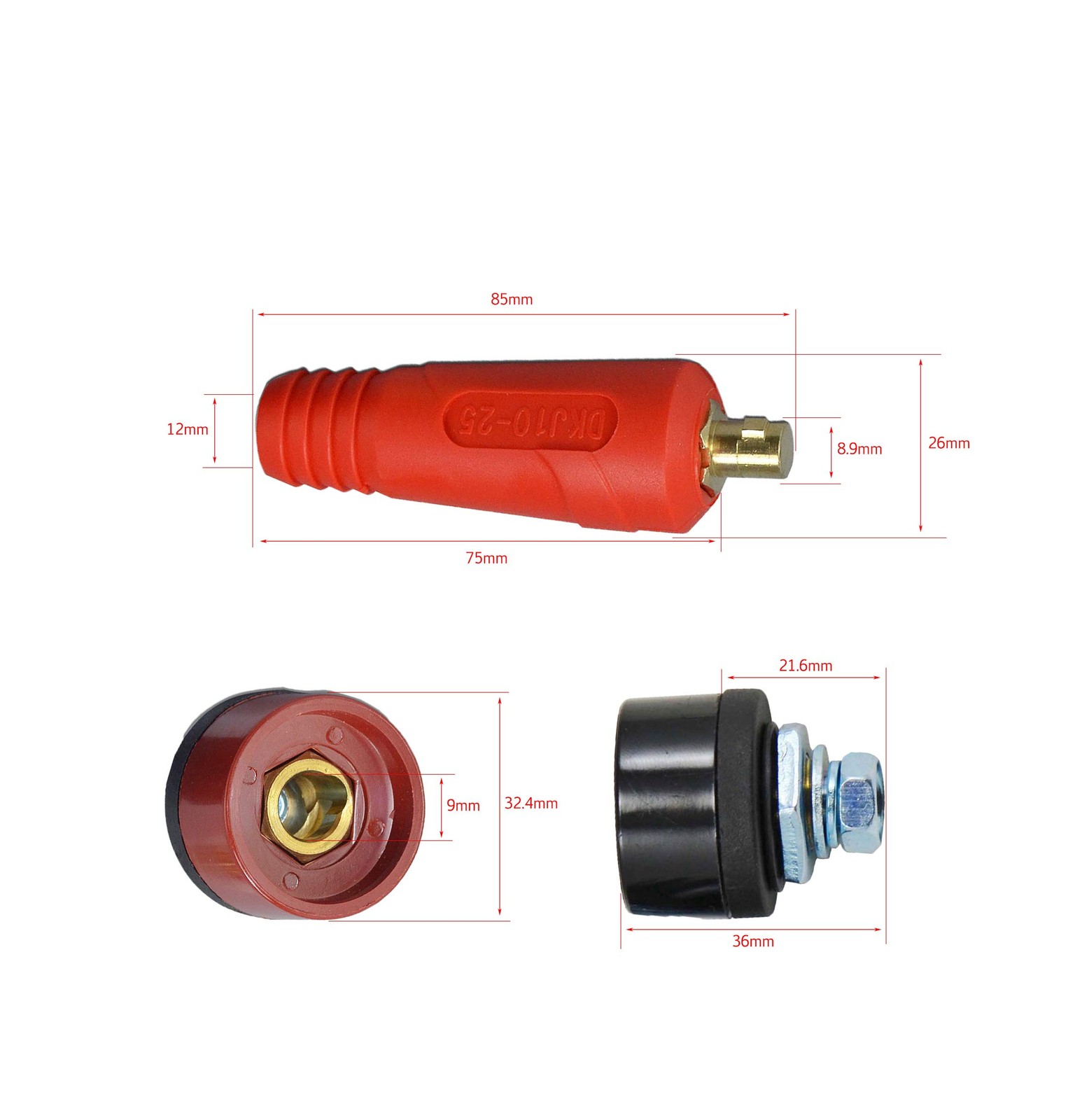 RIVERWELD TIG Welding Cable Panel Connector Plug & 10-25mm, Black & Red