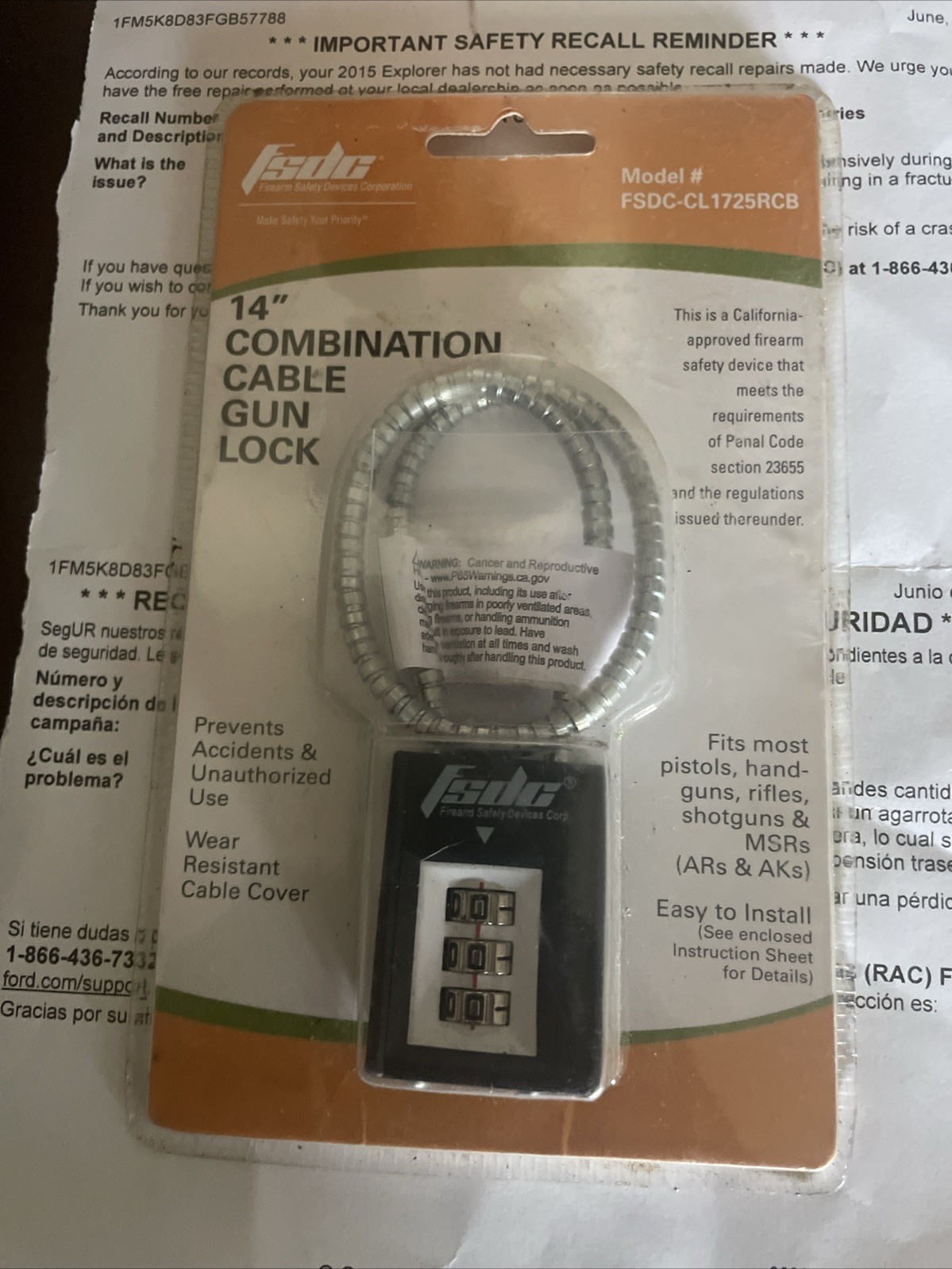 Combination Cable Gun Lock CA & MA Approved FSDC - CL1725RCB 14’’
